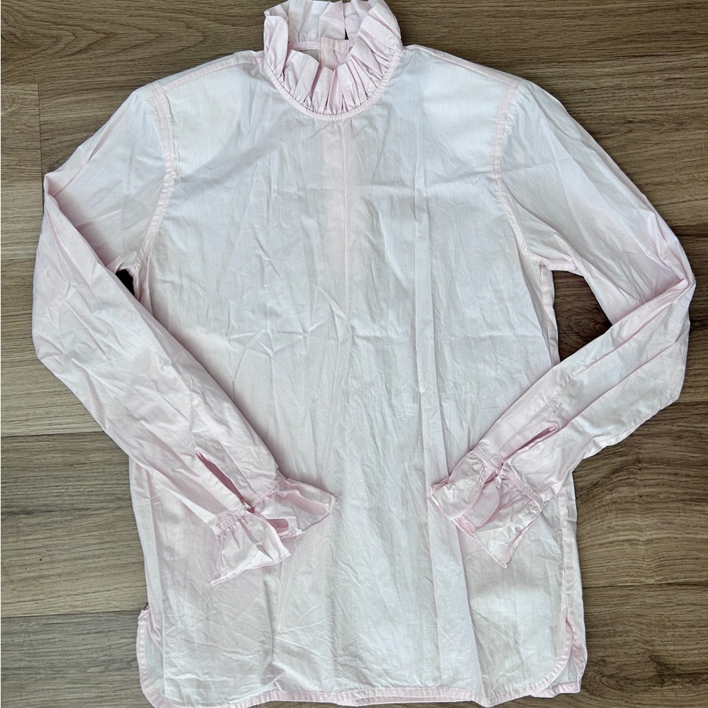 Women’s Sandro Ruffle Neck Pin Stripe Long Sleeve Blouse Top Size Medium - Picture 2 of 13
